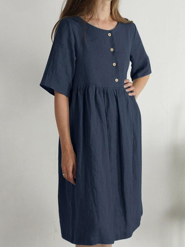 Solid Cotton Linen Button Dress - Ideal for Casual Occasions Midi Dresses - Chuzko Women Clothing