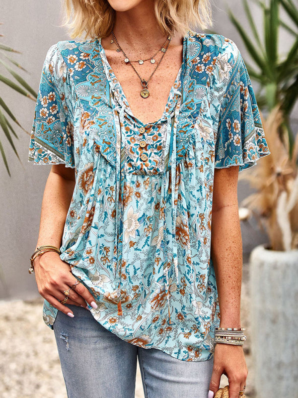 Boho Floral Summer Short Sleeve Blouse for Any Occasion Top - Chuzko Women Clothing