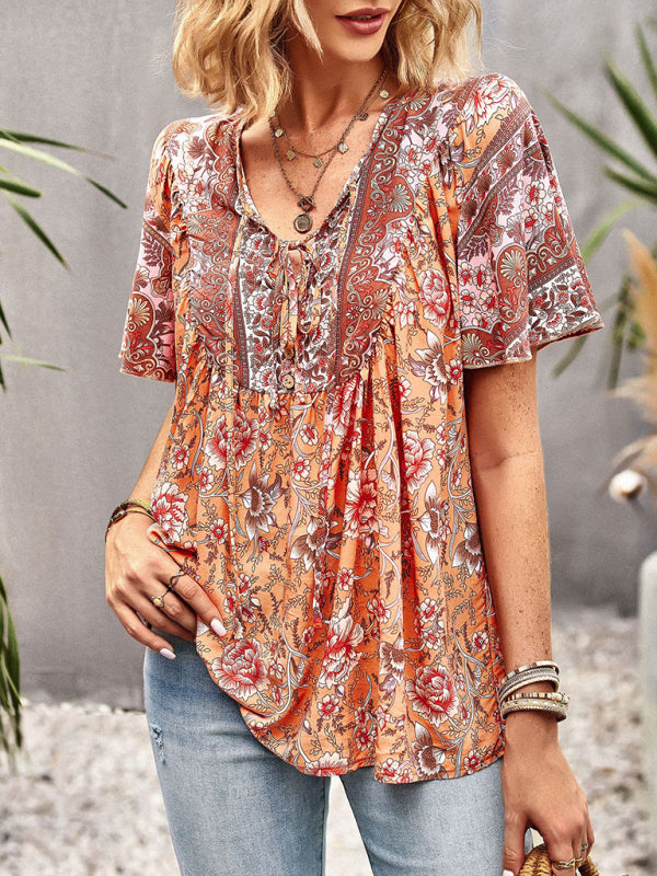 Boho Floral Summer Short Sleeve Blouse for Any Occasion Top - Chuzko Women Clothing