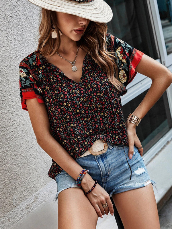 Women's Bohemian V-Neck Floral Loose Blouse with Flared Sleeves Tops - Chuzko Women Clothing