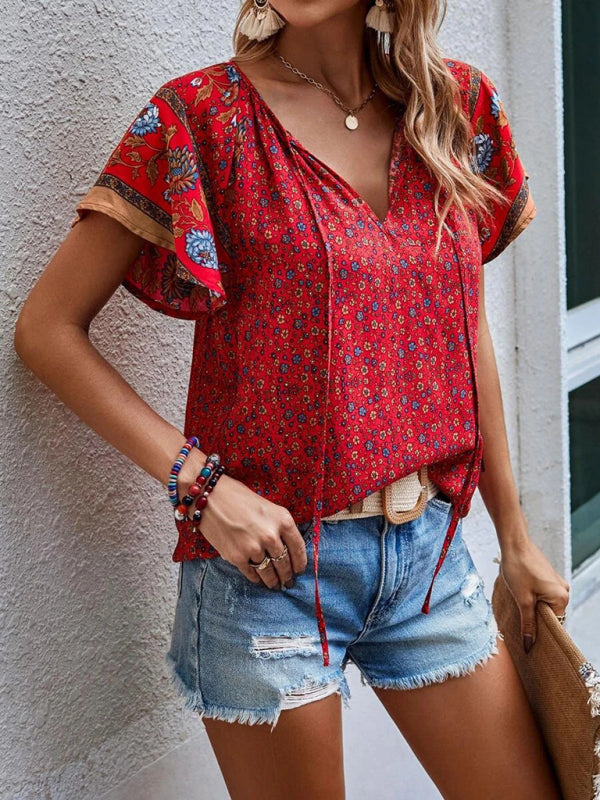 Women's Bohemian V-Neck Floral Loose Blouse with Flared Sleeves Tops - Chuzko Women Clothing