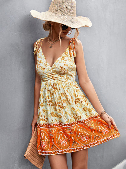 Boho Floral Cami Mini Sun Dress Dress - Chuzko Women Clothing