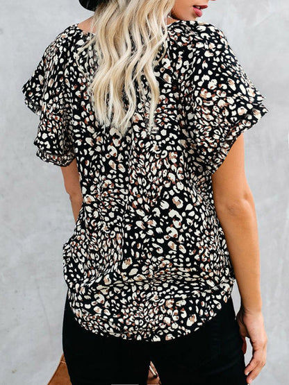 Floral Blouse V neck Ruffle Sleeves Top Top - Chuzko Women Clothing