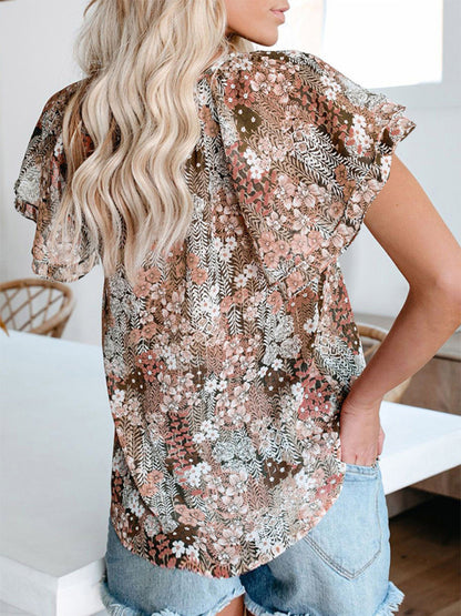 Floral Blouse V neck Ruffle Sleeves Top Top - Chuzko Women Clothing