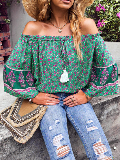 Bohemian Off-Shoulder Blouse with Drawstring and Balloon Sleeves Tops - Chuzko Women Clothing
