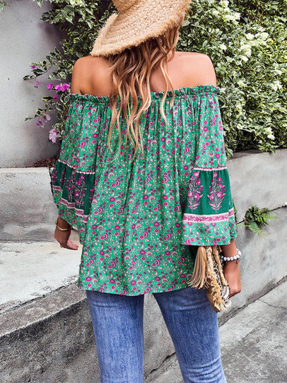 Bohemian Off-Shoulder Blouse with Drawstring and Balloon Sleeves Tops - Chuzko Women Clothing