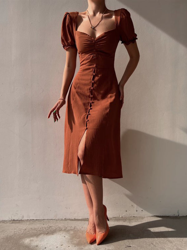 Textured Cotton Bustier Sweetheart Collar Midi Dress Midi Dress - Chuzko Women Clothing