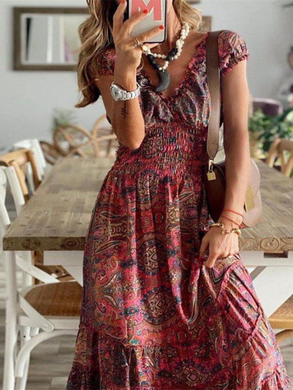 Paisley Floral Cotton Smocked Waistband Tiered Maxi Dress Maxi Dresses - Chuzko Women Clothing