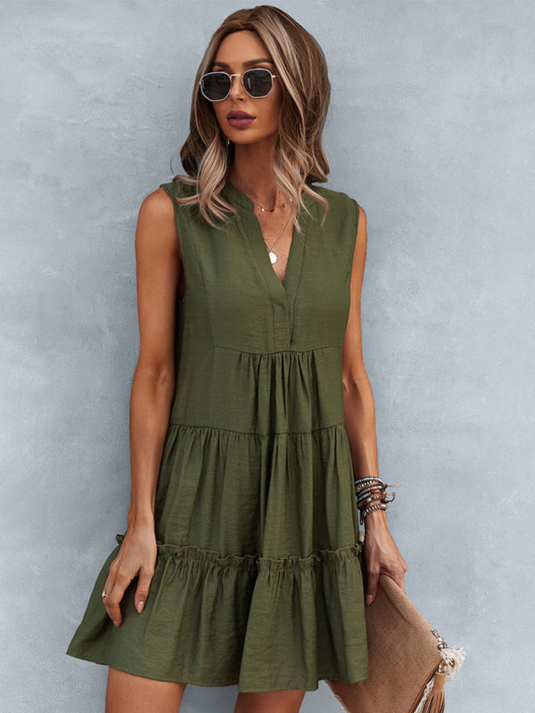 Solid Sleeveless Dress with Flowy Tiered Skirt and Loose Fit Dress - Chuzko Women Clothing
