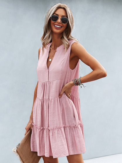 Solid Sleeveless Dress with Flowy Tiered Skirt and Loose Fit Dress - Chuzko Women Clothing