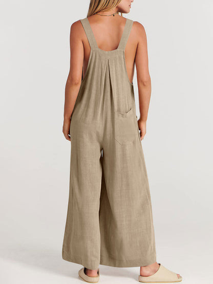Solid Cotton Linen Wide-Leg Pantsuits - Jumpsuit Bib Overalls Jumpsuit - Chuzko Women Clothing
