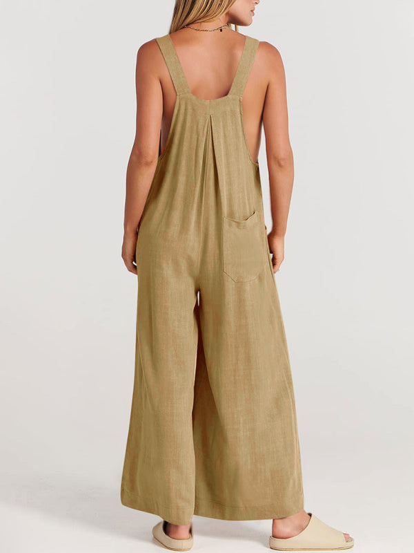Solid Cotton Linen Wide-Leg Pantsuits - Jumpsuit Bib Overalls Jumpsuit - Chuzko Women Clothing