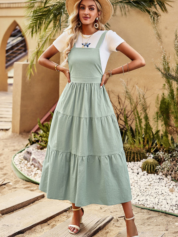 Solid Cotton Tiered Bib Maxi Dress Dress - Chuzko Women Clothing