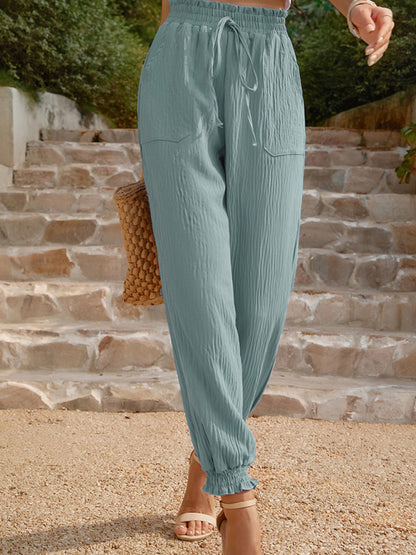 Textured Ruffle Elastic Ankle Pencil Harem Pants Pants - Chuzko Women Clothing