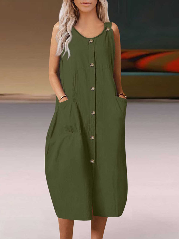Solid Cotton Button Tank Dress Dress - Chuzko Women Clothing