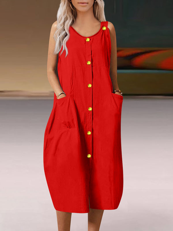 Solid Cotton Button Tank Dress Dress - Chuzko Women Clothing