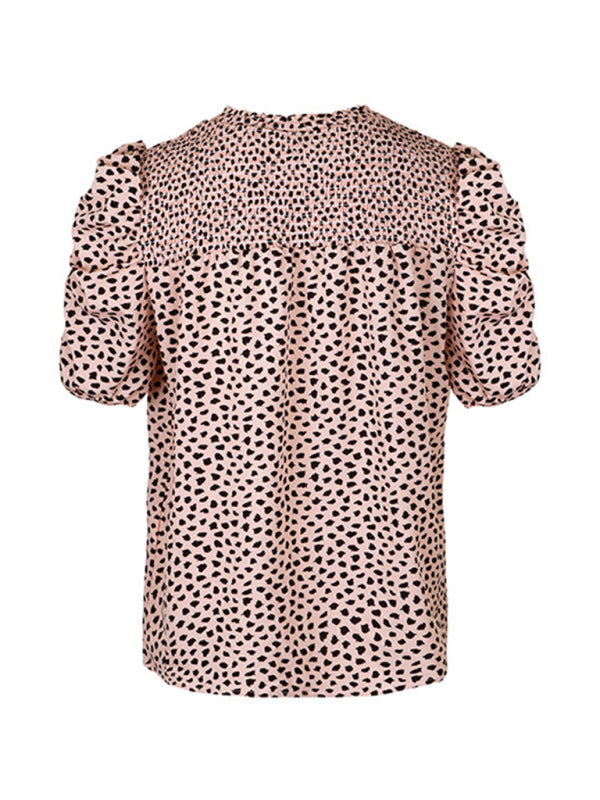 Retro Style Leopard Print Smocked Blouse Top - Chuzko Women Clothing