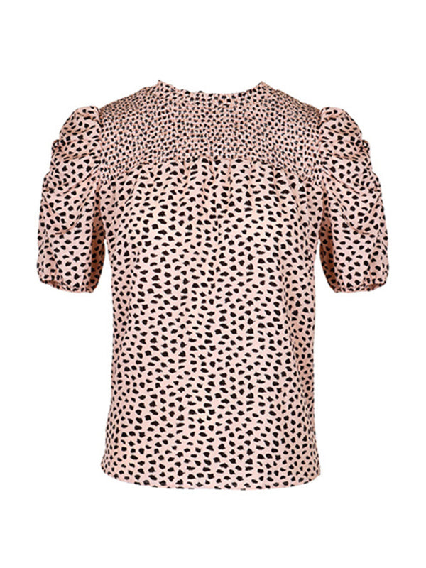 Retro Style Leopard Print Smocked Blouse Top - Chuzko Women Clothing