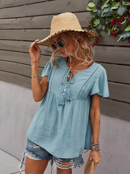 Solid Blouse with Flared Sleeves and Drawstring Details Top - Chuzko Women Clothing