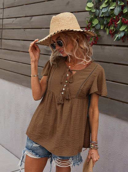 Solid Blouse with Flared Sleeves and Drawstring Details Top - Chuzko Women Clothing