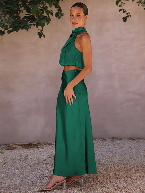 Satin Elegance: Women's Two Piece Set Cowl Crop Top and Long Skirt Casual Suit (Top + Long Skirt) - Chuzko Women Clothing