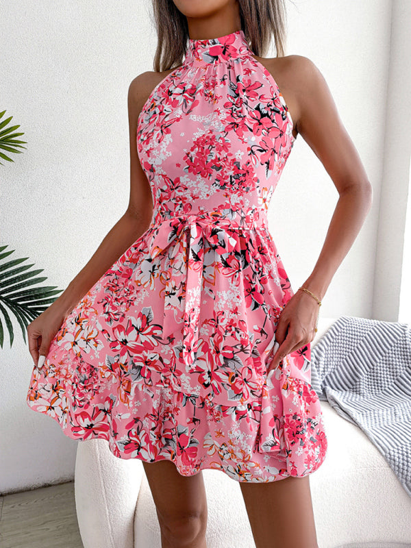 Floral High Halter Neck Mini Dress for Women Dress - Chuzko Women Clothing