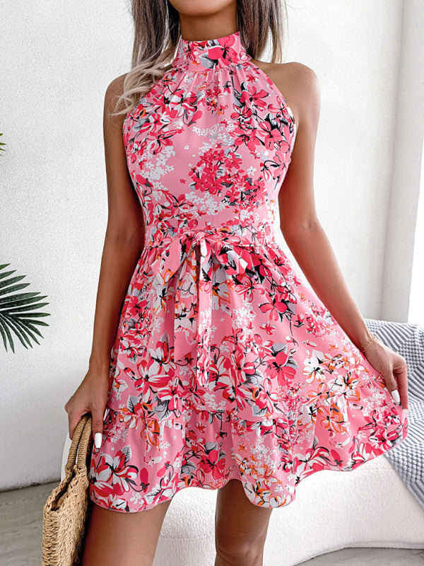 Floral High Halter Neck Mini Dress for Women Dress - Chuzko Women Clothing