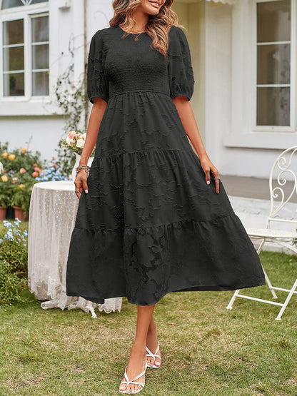 Jacquard Chiffon Midi Dress with Puff Sleeves for Women Midi Dress - Chuzko Women Clothing