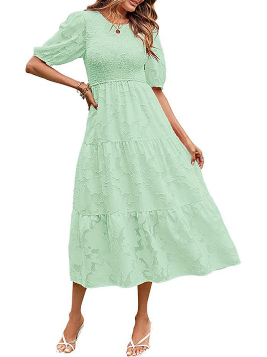Jacquard Chiffon Midi Dress with Puff Sleeves for Women Midi Dress - Chuzko Women Clothing