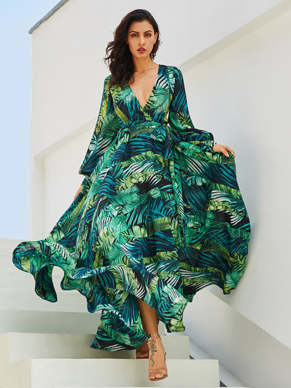 Abstract Print Long Sleeve Surplice Maxi Dress Maxi Dress - Chuzko Women Clothing