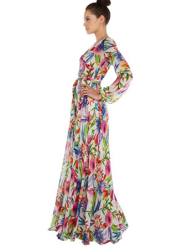 Abstract Print Long Sleeve Surplice Maxi Dress Maxi Dress - Chuzko Women Clothing