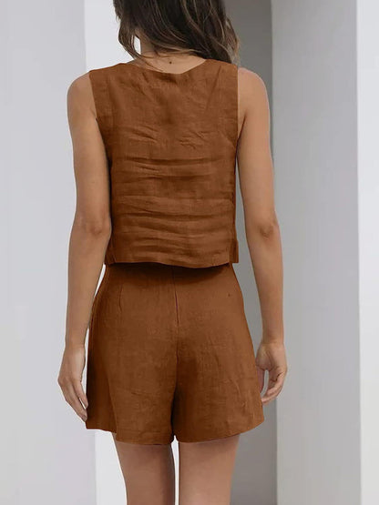Cotton Linen Set Crop Tank + Shorts Shorts Set - Chuzko Women Clothing