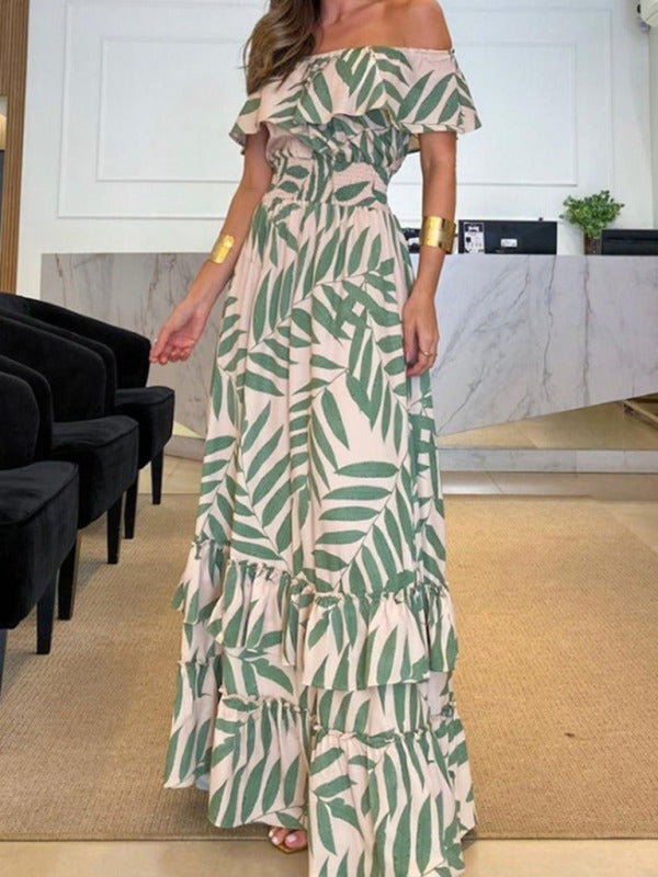 Elegant Floral Ruffle Tiered One Shoulder Maxi Dress Maxi Dresses - Chuzko Women Clothing
