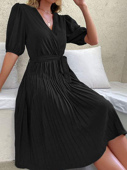 Solid Pleated Surplice V Neck Belt-Tie Dress Dress - Chuzko Women Clothing