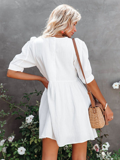 Textured Cotton Puff Sleeve Buttoned Back Flowy Dress with Pockets Dress - Chuzko Women Clothing