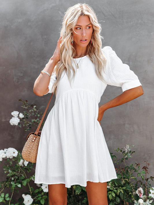 Textured Cotton Puff Sleeve Buttoned Back Flowy Dress with Pockets Dress - Chuzko Women Clothing