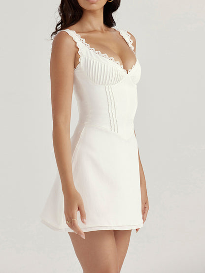 A-Line Mini Dress: Lace Accents, Corset Alike Design, Zipper Back Mini Dresses - Chuzko Women Clothing