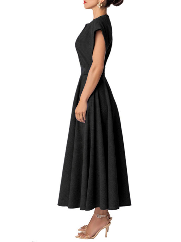Elegant Maxi Dress for Women with Notched Neckline and Waist Belted Design Dress - Chuzko Women Clothing