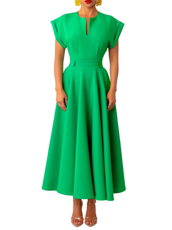 Elegant Maxi Dress for Women with Notched Neckline and Waist Belted Design Dress - Chuzko Women Clothing