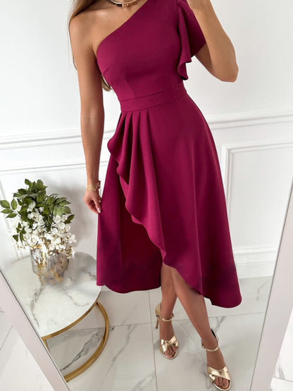 Elegant Midi One Shoulder Overskirt Dress Dress - Chuzko Women Clothing