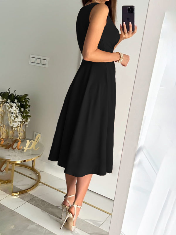 Elegant Fit and Flare Sleeveless Surplice V-neck Midi Dress Midi Dresses - Chuzko Women Clothing