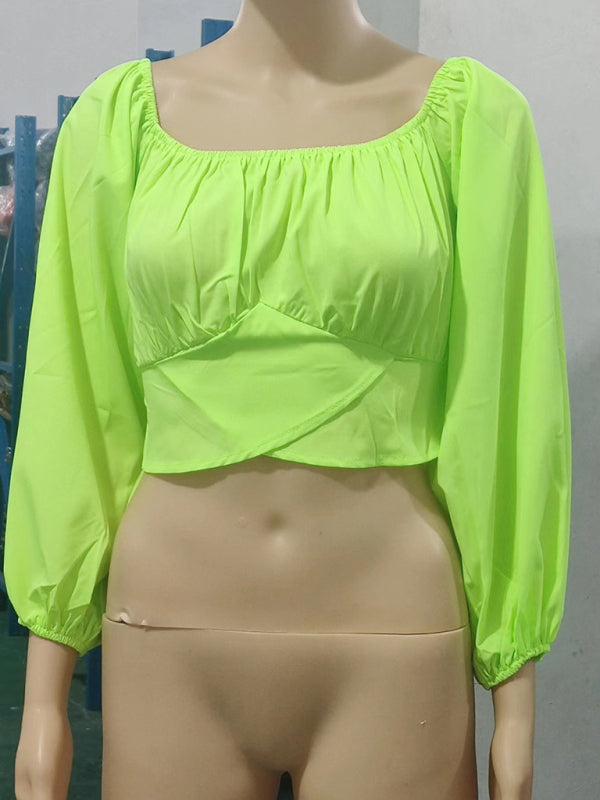 Off-Shoulder Balloon Sleeve Crop Top for Women - Blouse Top - Chuzko Women Clothing