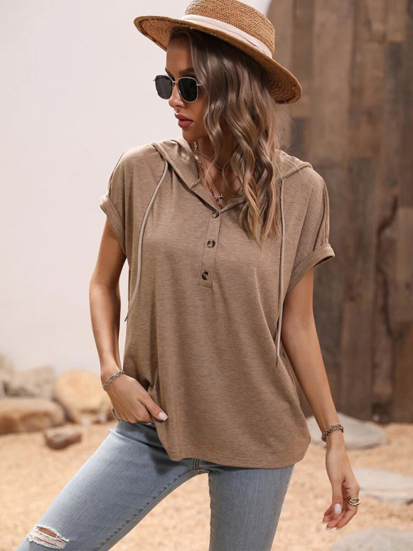 Stylish Hooded Pullover Top with Button Detail for Women T-shirt - Chuzko Women Clothing