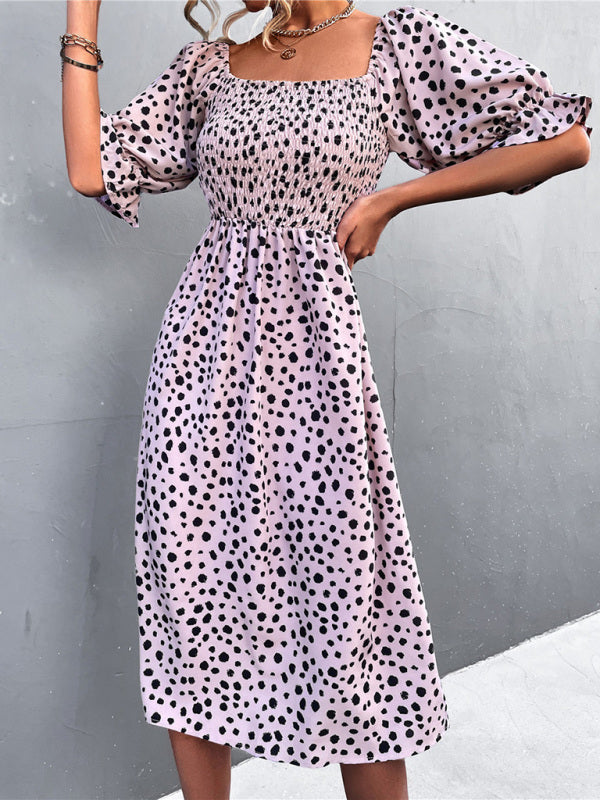Animal Print Smocked Bodice Midi Dress with Puff Sleeves Mini Dress - Chuzko Women Clothing