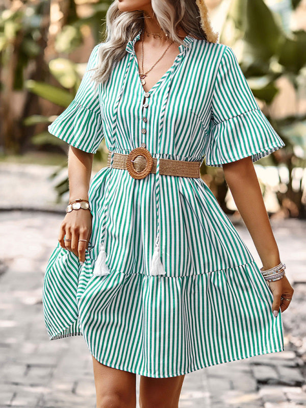 Flirty and Fun: Striped Mini Dress for Effortless Summer Style（without belt） Mini Dress - Chuzko Women Clothing