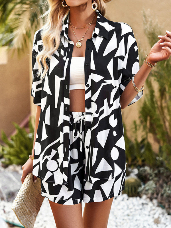 Abstract Print Two Piece Set Shirt and Shorts Casual Suit (Top + Shorts) - Chuzko Women Clothing