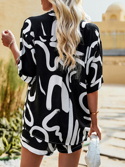 Abstract Print Two Piece Set Shirt and Shorts Casual Suit (Top + Shorts) - Chuzko Women Clothing
