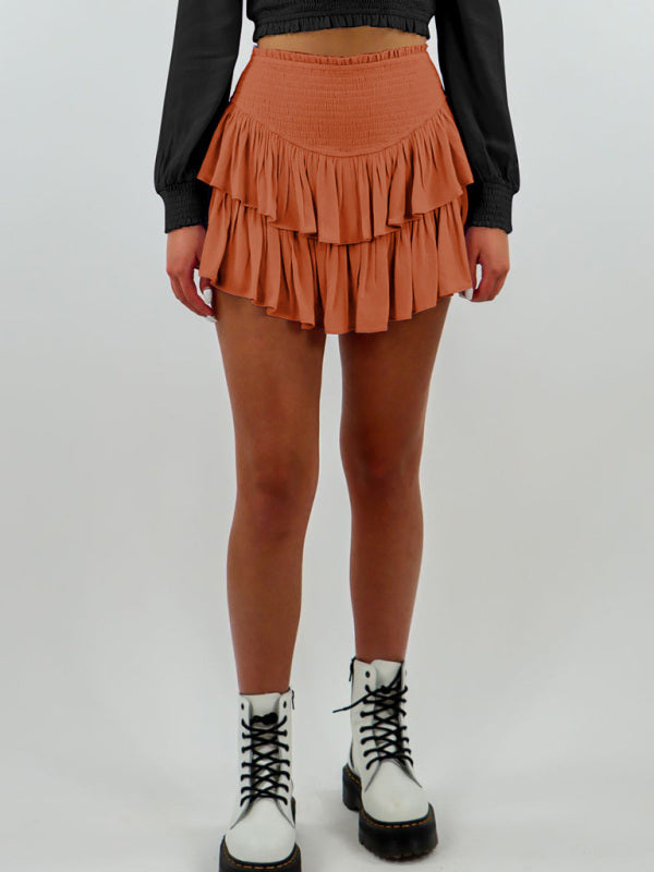 Solid Double Layered Shorts Ruffled Mini Skirt 2-in-1 Mini Skirt - Chuzko Women Clothing