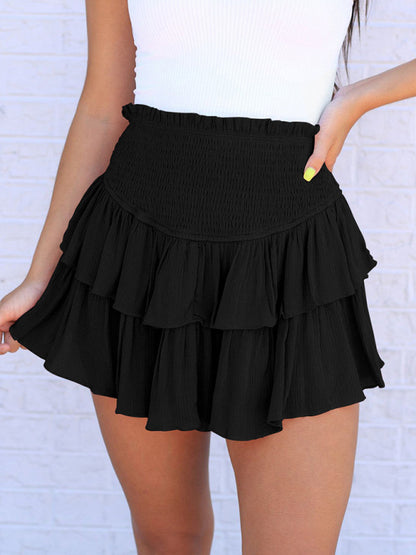 Solid Double Layered Shorts Ruffled Mini Skirt 2-in-1 Mini Skirt - Chuzko Women Clothing