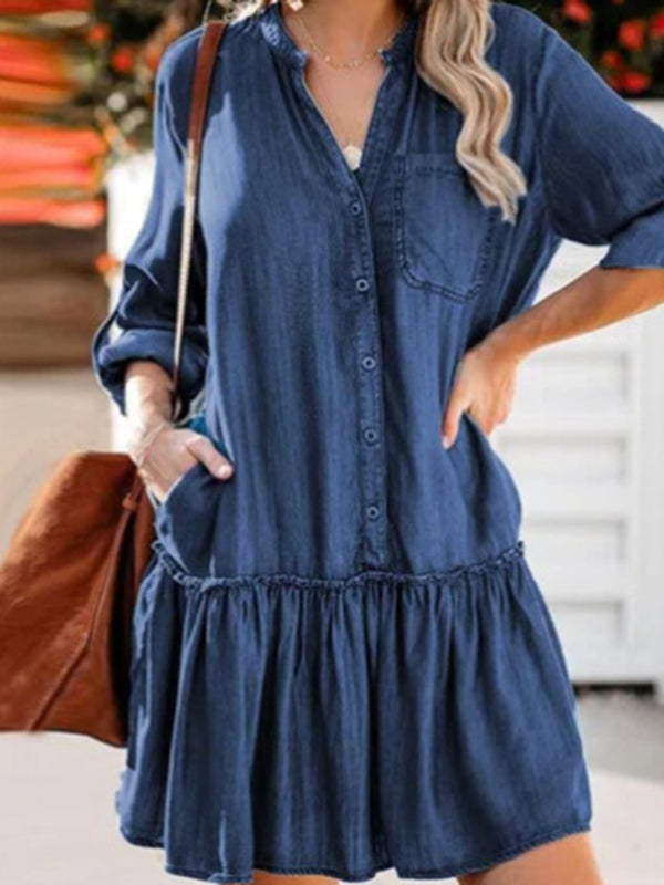 Cotton Shirt Jean Denim Dress for Women Dress - Chuzko Women Clothing